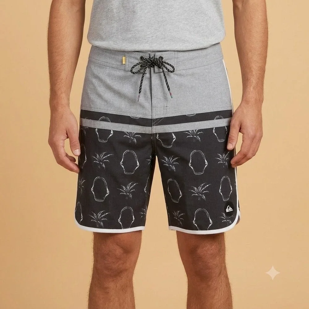 Quiksilver‎ Board Shorts Mens 36 Grey Shark Jaw Palm Print Swim Trunks Surf
